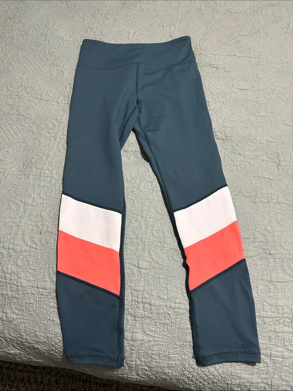 ZYIA Girls Colorblock Leggings in Teal with White & Coral Panels